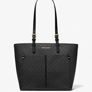 New Michael Kors Jet Set Travel Medium Double Pocket Logo Tote Black